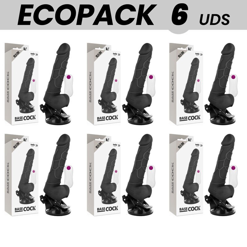 ECOPACK 6 UNITS - BASECOCK REALISTIC VIBRATOR REMOTE CONTROL BLACK WITH TESTICLES 19.5 CM -O- 4 CM
