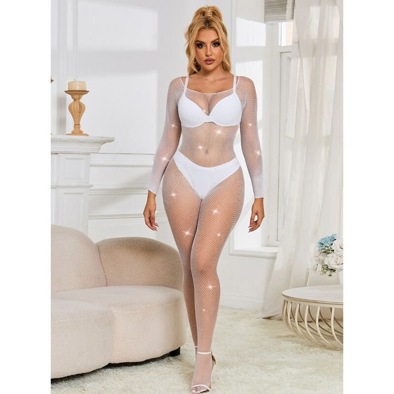 SUBBLIME - 952396 FISHNET BODYSTOCKING WITH DIAMONDS LONG SLEEVE WHITE ONE SIZE - Image 4