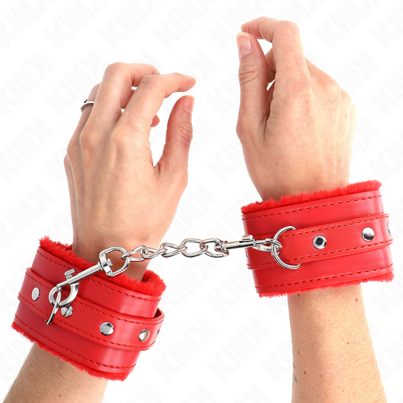 KINK - PREMIUM FUR LINED WRIST RESTRAINTS RED WITH RED BELT ADJUSTABLE 17-29 CM X 6 CM - Image 4