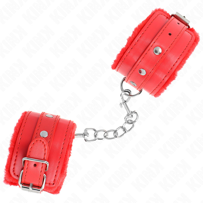 KINK - PREMIUM FUR LINED WRIST RESTRAINTS RED WITH RED BELT ADJUSTABLE 17-29 CM X 6 CM - Image 2